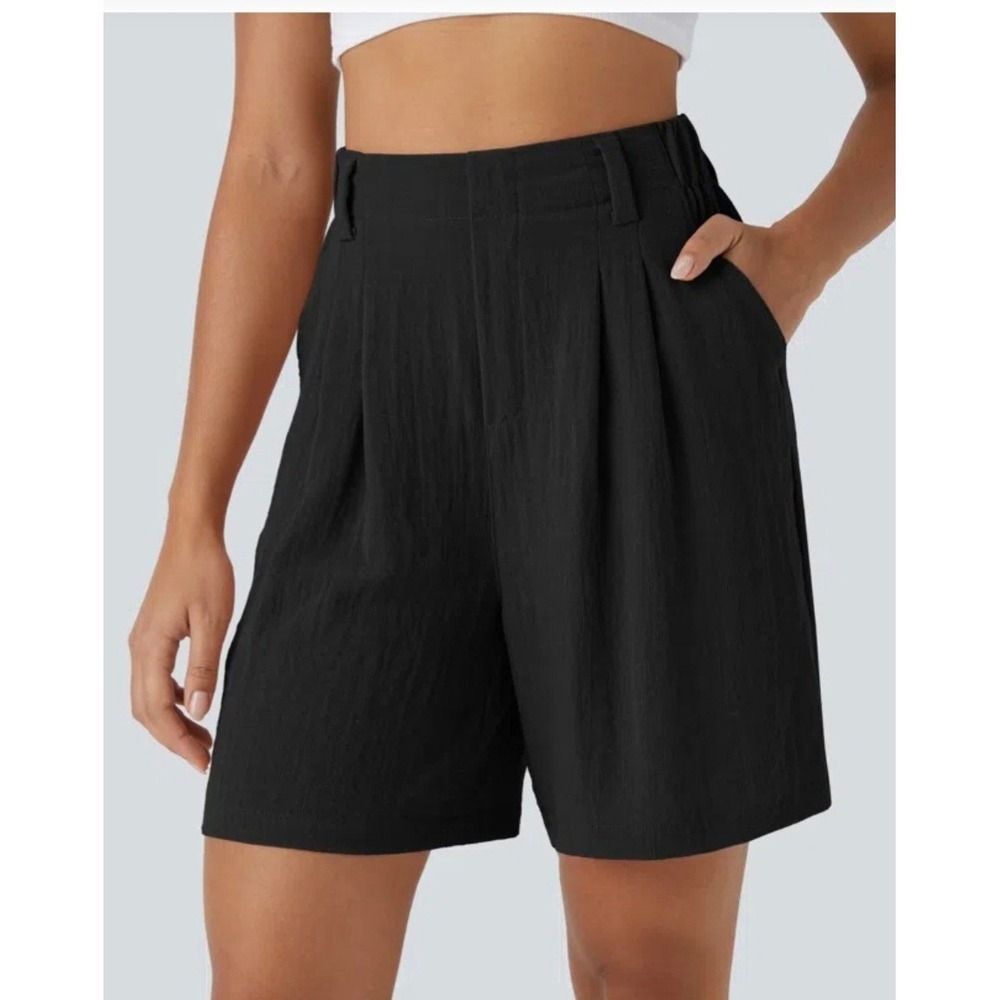 Halara High Waisted Pocket Wide Leg Casual Linen-Feel Black Shorts Size Small